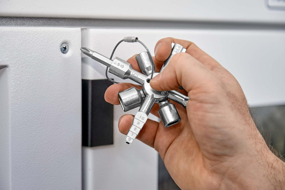 KNIPEX TwinKey® Schaltschrankschlüssel, für gängige Schliesssysteme, 10 Profile, 2 Kreuze, 1 Schlüss