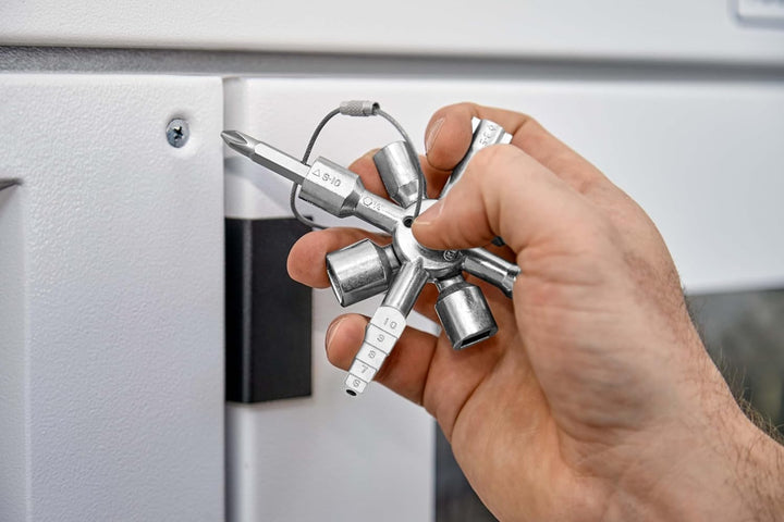KNIPEX TwinKey® Schaltschrankschlüssel, für gängige Schliesssysteme, 10 Profile, 2 Kreuze, 1 Schlüss