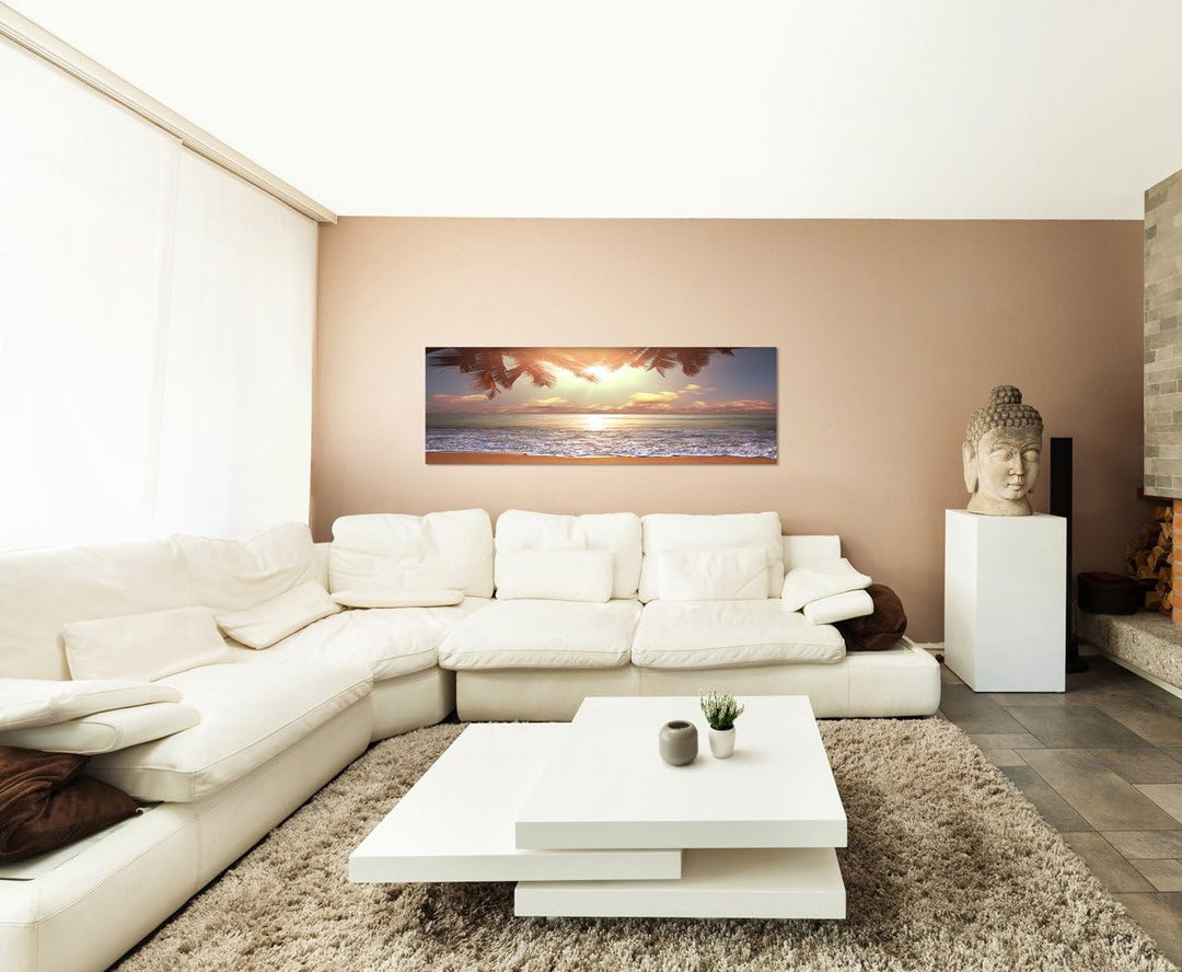 Panoramabild auf Leinwand und Keilrahmen 150x50cm Tropen Strand Meer Palme Abendsonne