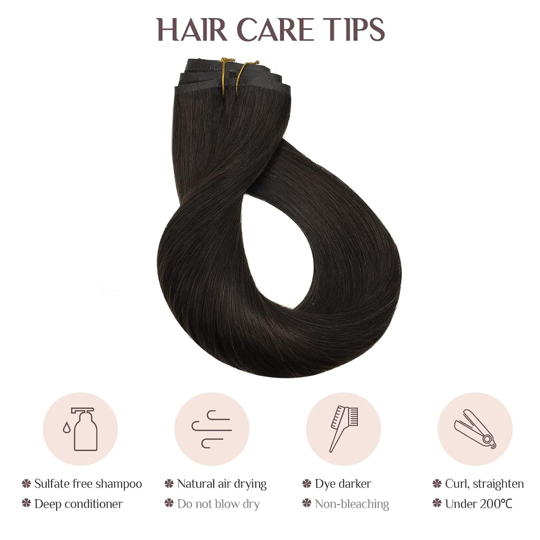 MAXITA PU Clip in Extensions Echthaar, 40cm 16 Zoll 110g 7 Stück Dunkelbraun Seamless Clip in Extens