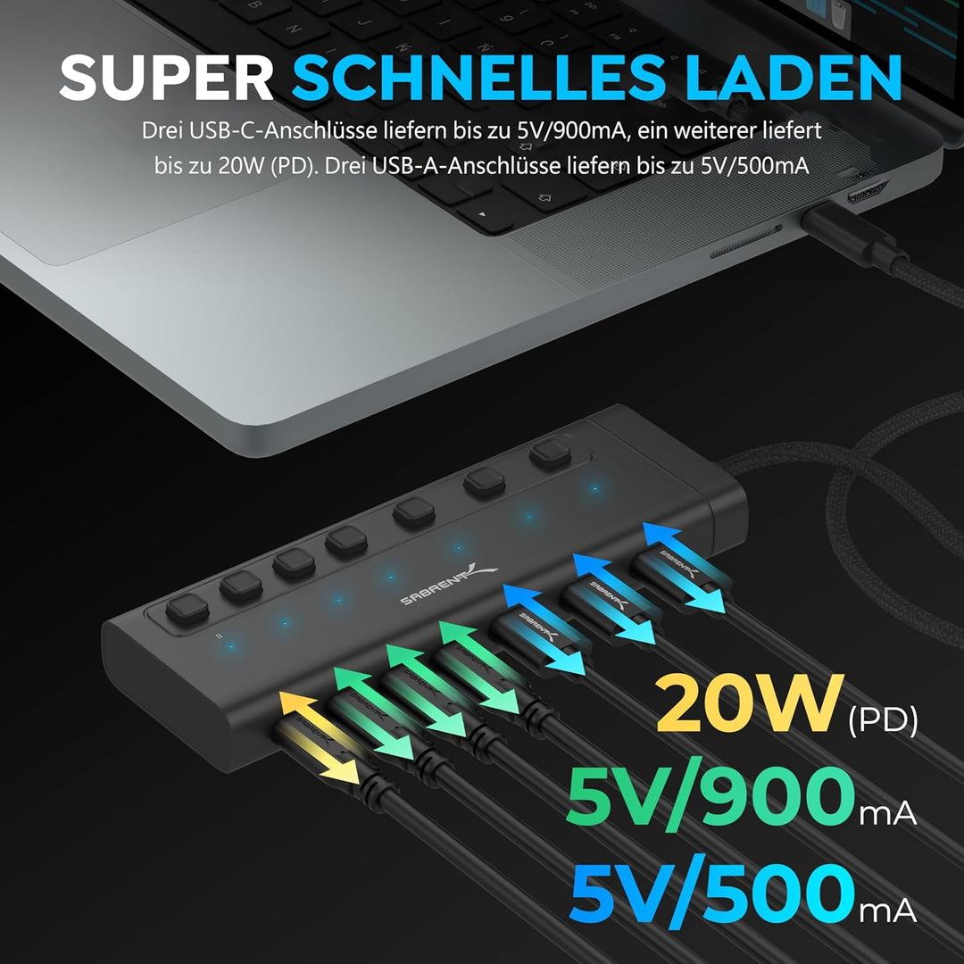 SABRENT USB C Hub 7 Port 48 W mit Schaltern (HB-3A4C) 7 Port 20w Typ C+A, 7 Port 20w Typ C+A