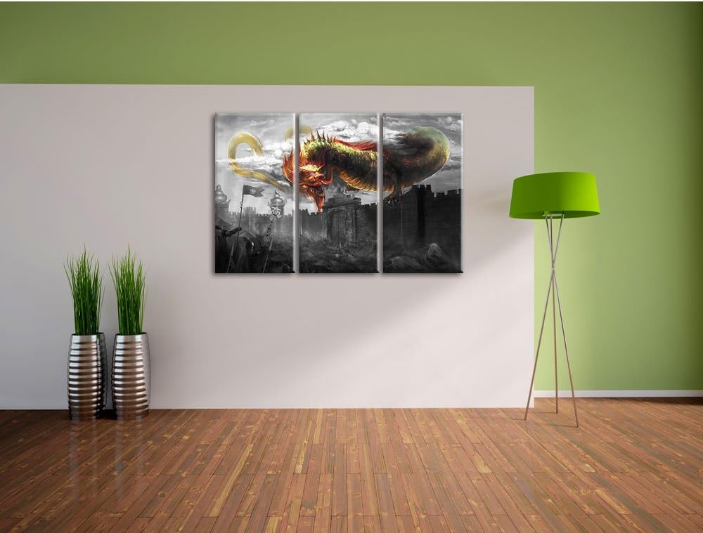 Pixxprint Drache über der Festung als Leinwandbild/Grösse: 3 Teilig (120x80 cm) cm/Wandbild/Kunstdru