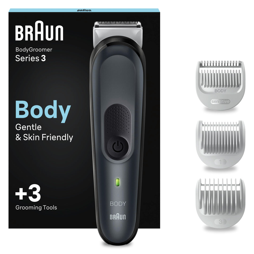 Braun Bodygroomer Series 3, Elektrischer Körperrasierer Herren mit 3 Zubehörteile, Kabelloser Trimme