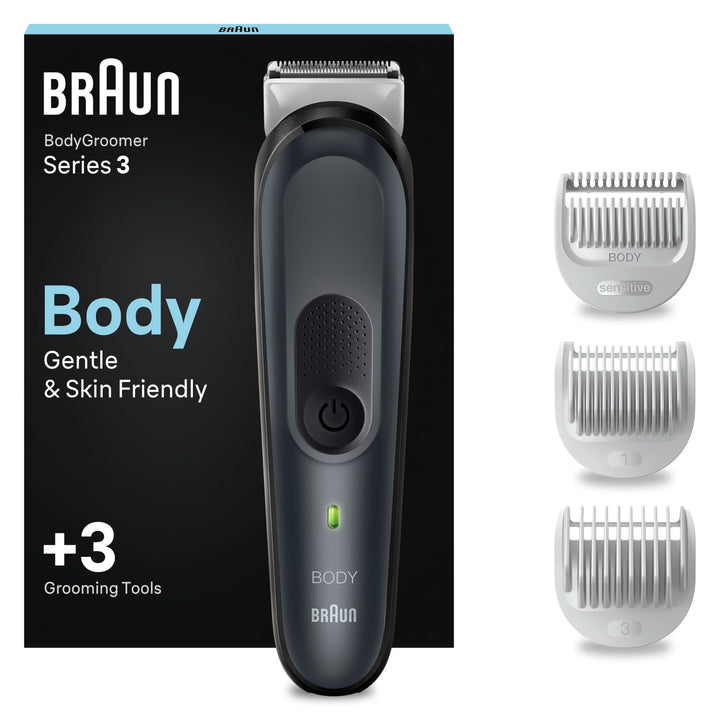 Braun Bodygroomer Series 3, Elektrischer Körperrasierer Herren mit 3 Zubehörteile, Kabelloser Trimme