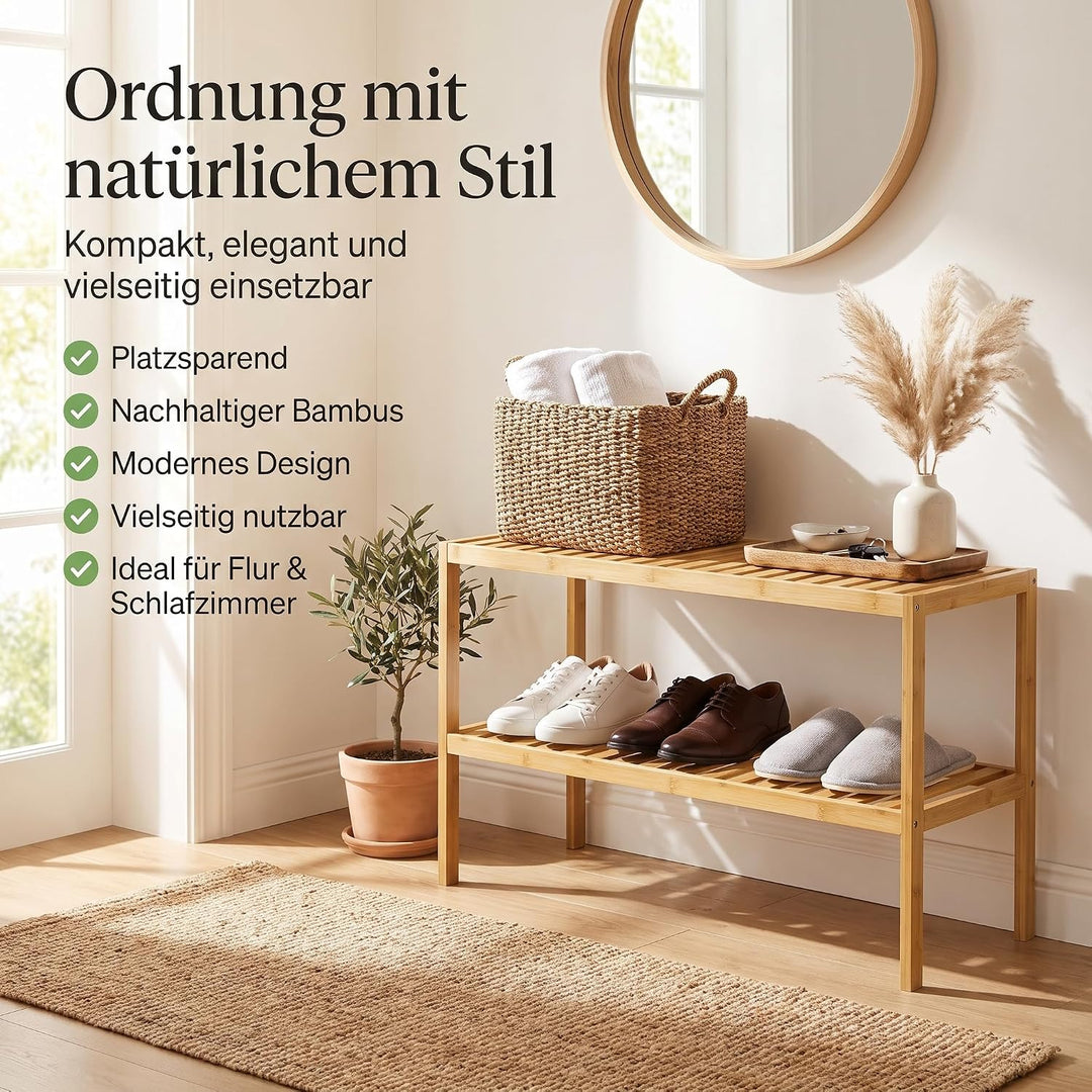 hausleben Bambus Schuhregal, 2 Ebenen, 70x28x33 cm, Naturholz Standregal | Platzsparendes Design, Le