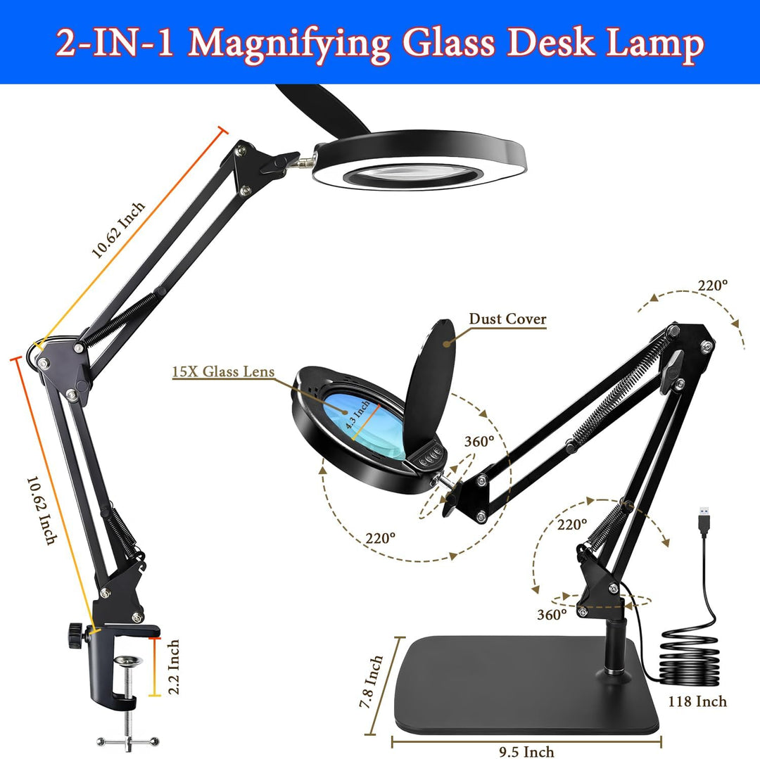 15X Magnifying Glass Desk Lamp with Clamp and Base, Real Glass Lens, 84 LEDs, 5 Color Modes Dimmable