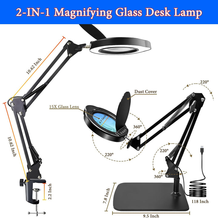 15X Magnifying Glass Desk Lamp with Clamp and Base, Real Glass Lens, 84 LEDs, 5 Color Modes Dimmable
