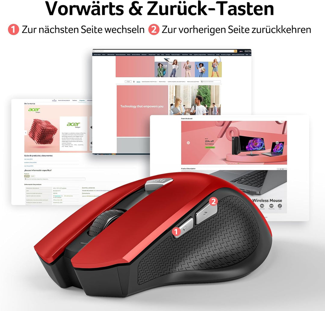 acer Maus Kabellos, 2.4GHz 1600 DPI Funkmaus, 3 Einstellbare DPI Wireless Mouse mit 6 Tasten, Batter