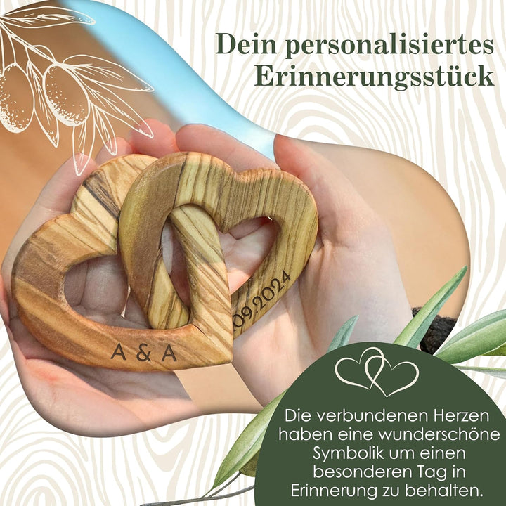 Holzherzen personalisiert, Olivenholz - Verbundene Holz Herzen mit Gravur als individuelles Geschenk