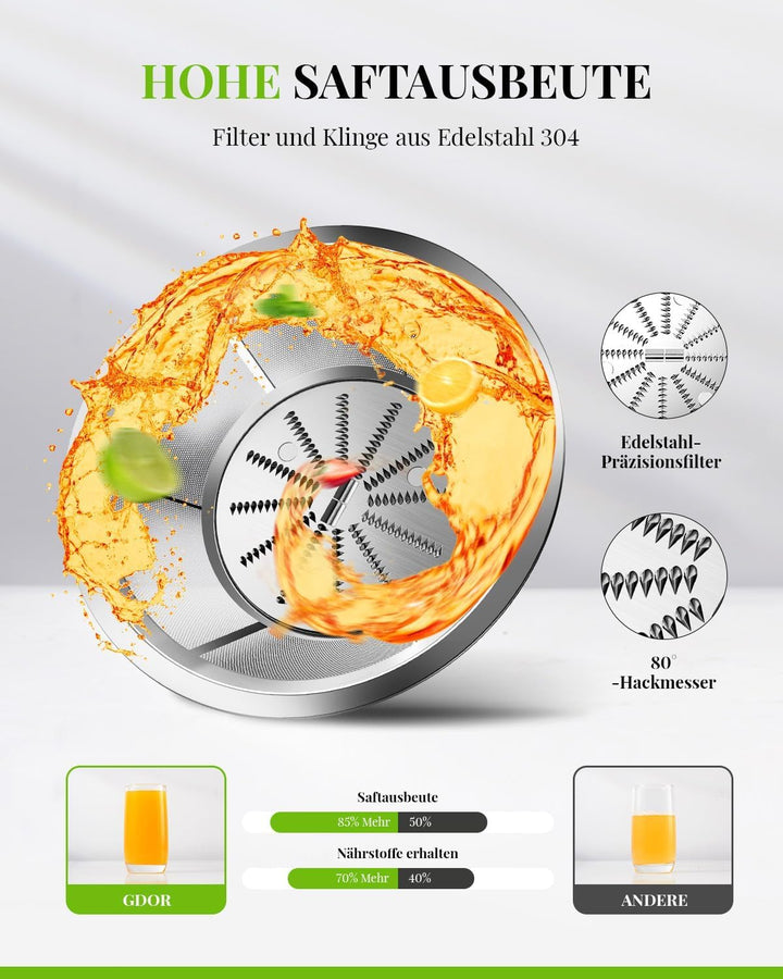 GDOR Entsafter 800W Juicer aus Edelstahl 76mm Grossem Mund Entsafter Gemüse und Obst 3 Geschwindigke