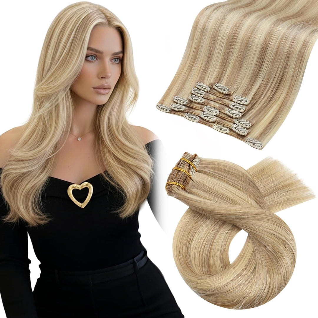 Moresoo Clip in Extensions Echthaar Blond Extensions Clip Echthaar Remy Goldblond mit Mittelblond Ha
