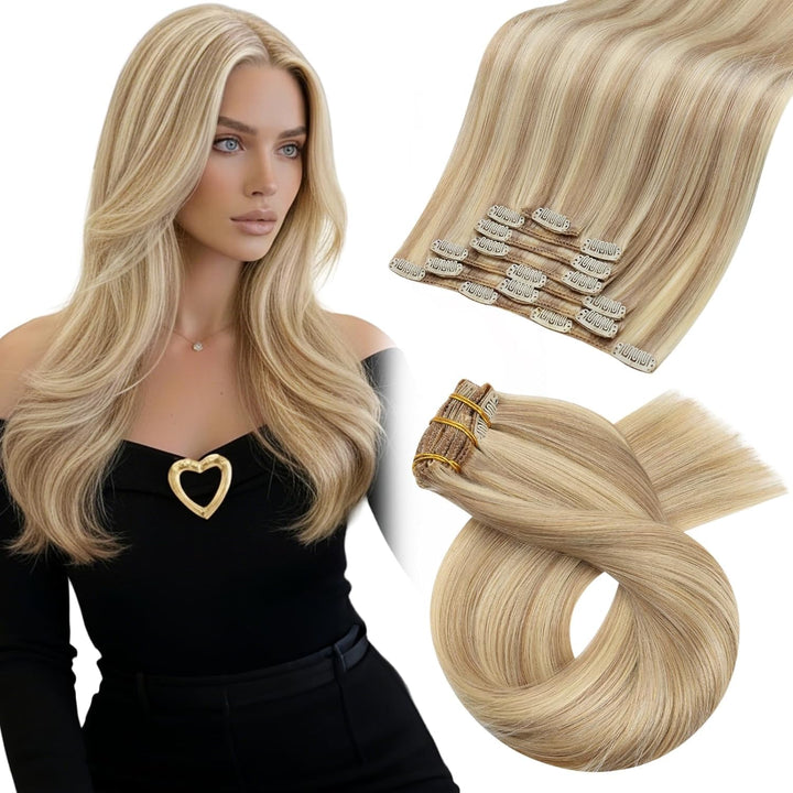 Moresoo Clip in Extensions Echthaar Blond Extensions Clip Echthaar Remy Goldblond mit Mittelblond Ha