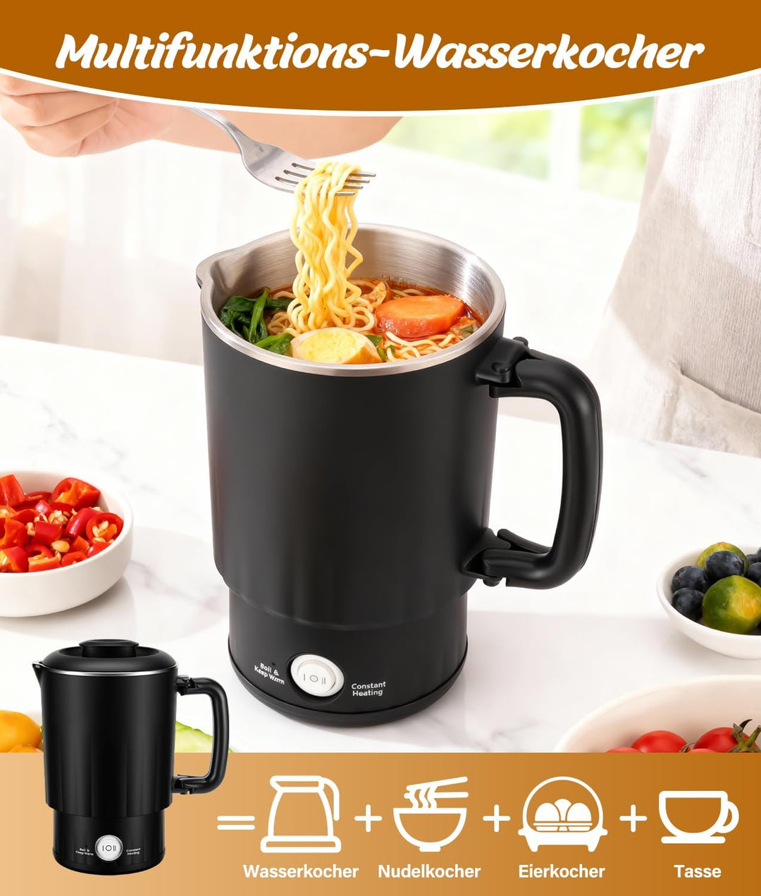 PAHTTO Faltbarer Reisewasserkocher aus Edelstahl, 800ml Tragbarer Wasserkocher elektrisch mit Kerami
