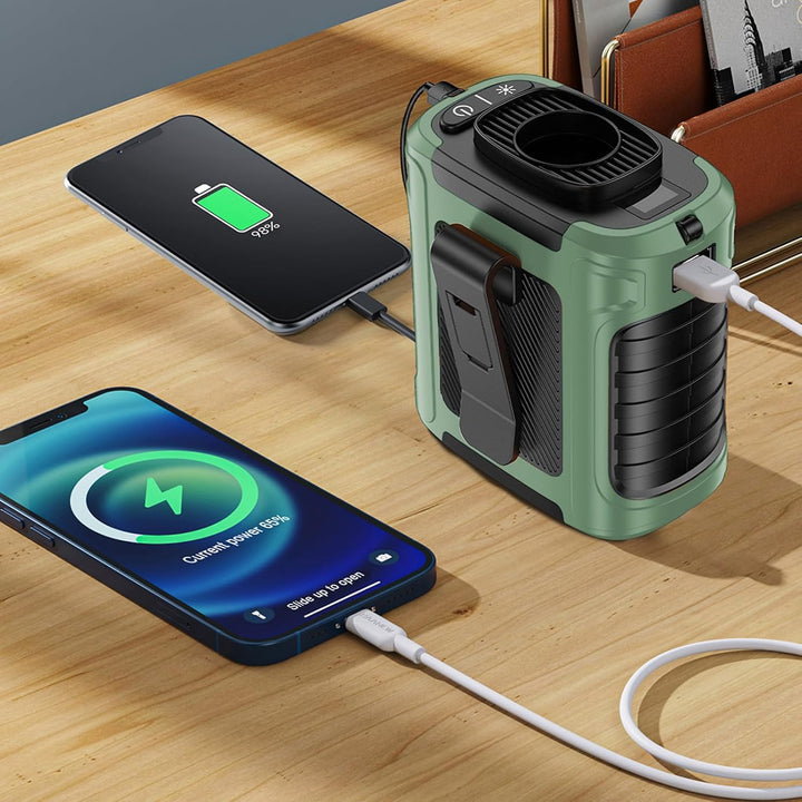 10000mAh Powerbank Lüfter mit Klemmfunktion & Trageschlaufe - 5-stufiger USB Mini-Ventilator + 2-stu