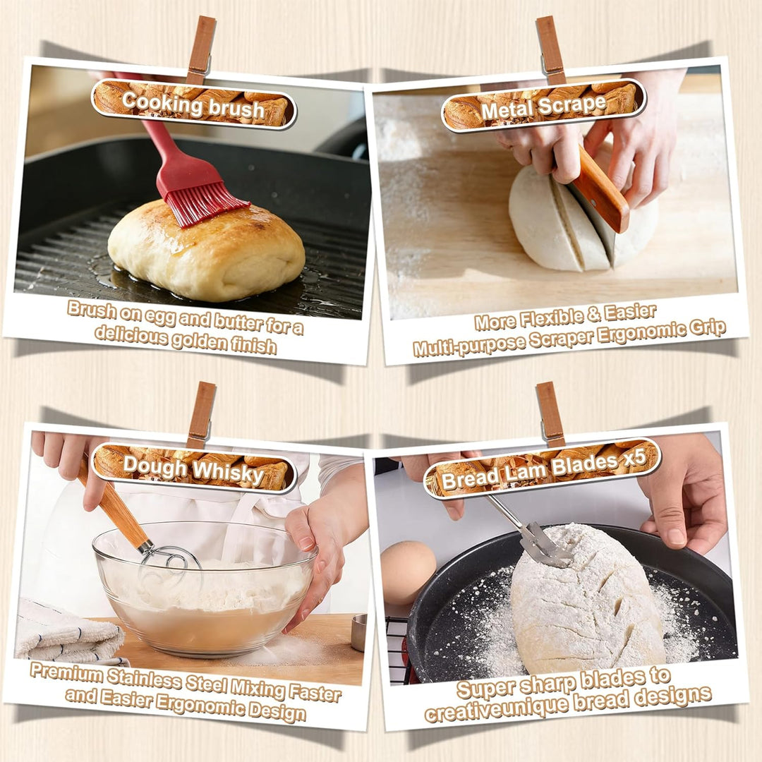 10 Stück Sauerteig Starter Set, 23 cm runde und 25 cm ovale Gärkörbchen, 730 ml Gärgläser, Teigbackz