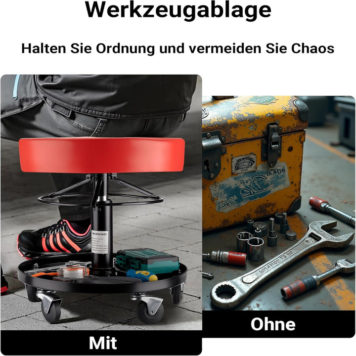 Wiltec Rollhocker höhenverstellbar 40,5-53,5 cm, gepolsterter Hocker mit Rollen bis 150 kg, Werkstat