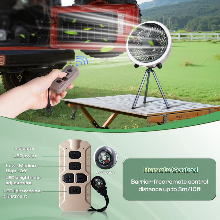 Camping Ventilator mit LED & Fernbedienung 10400mAh, Wiederaufladbarer USB Ventilator mit Haken, Tim
