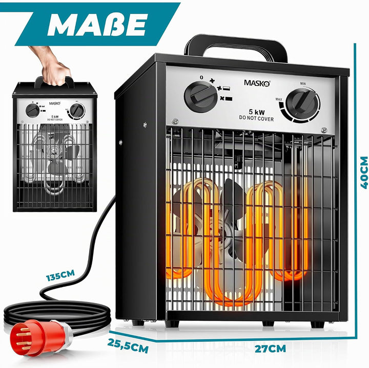 Masko® Elektroheizer Heizlüfter Bauheizer 5 KW mit integriertem Thermostat elektrisch Heizgerät 5000