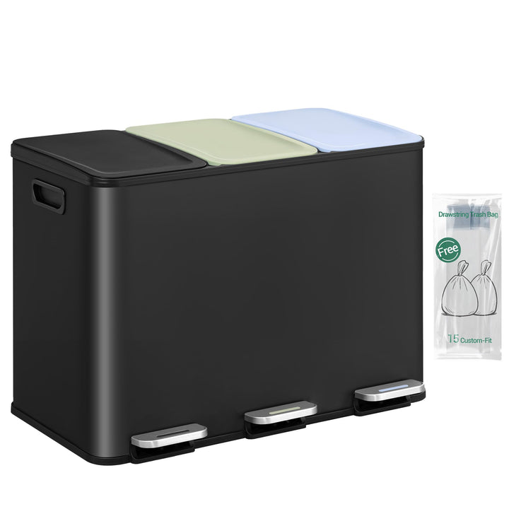 Hzuaneri Mülleimer Küche, 3 x 15 L, Mülltrennsystem 3 Fächer, Mülleimer mit Farbigem Soft-Close-Deck
