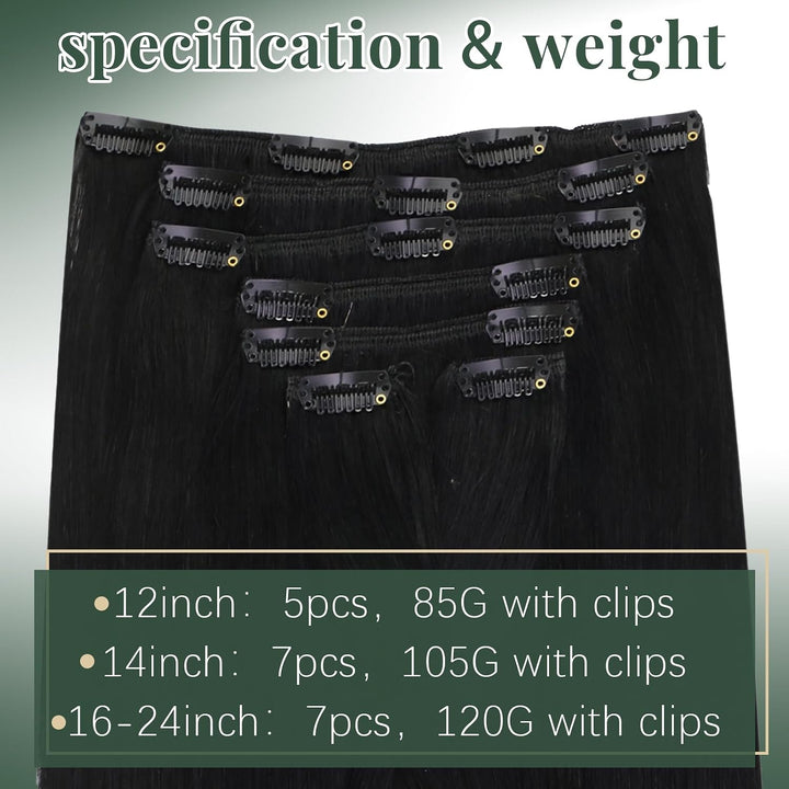 Ugeat Clip in Extensions Schwarz Echthaar Doppelt Tressen 105Gramm 55cm Extensions Echthaar mit Clip