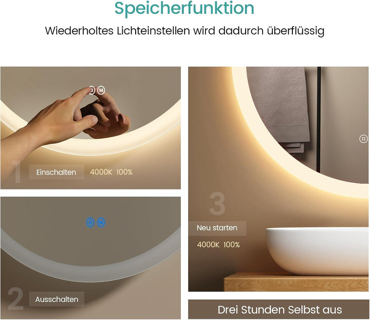 EMKE Badspiegel Rund mit Beleuchtung 70cm Durchmesser Runder Spiegel mit Touchschalter, Beschlagfrei
