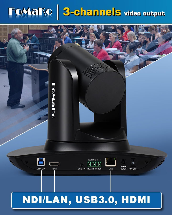 FoMaKo NDI HX3 PTZ Kamera KI-Auto-Tracking 20x Optischer Zoom mit HDMI/USB3.0/LAN(PoE) für Live-Gott