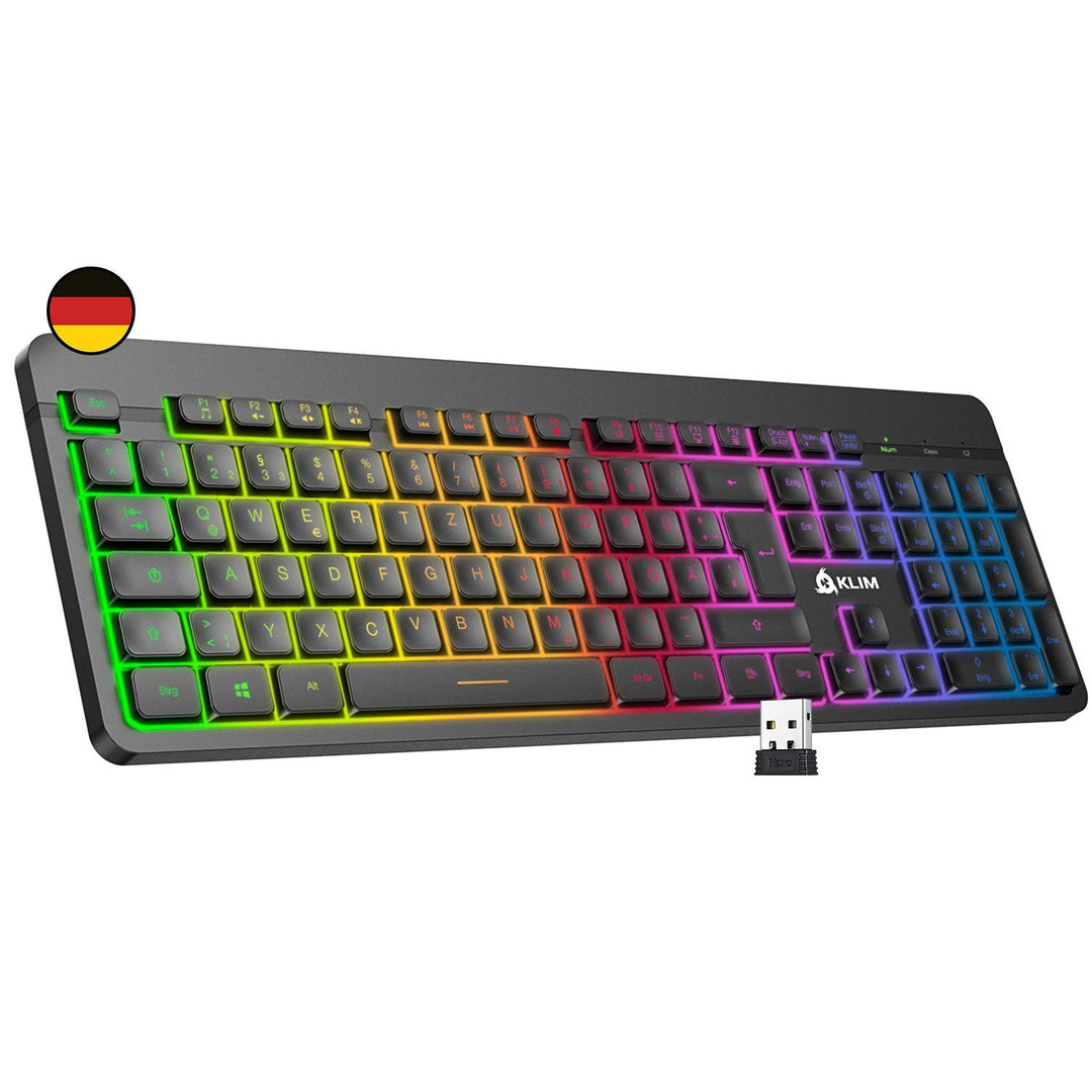KLIM Light V2 Gaming Tastatur Kabellos QWERTZ + NEU 2023 + flach, ergonomisch, dezent, wasserresiste
