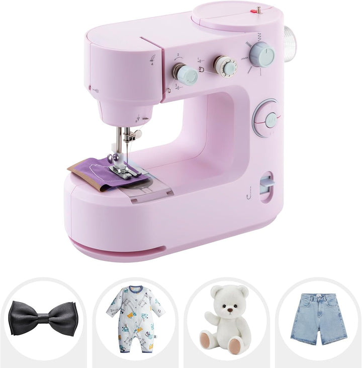 MINRS Nähmaschine Mini-Nähmaschine Nähmaschine Kinder mit Fusspedal(LED Licht, 5 Stichmuster, Fadena