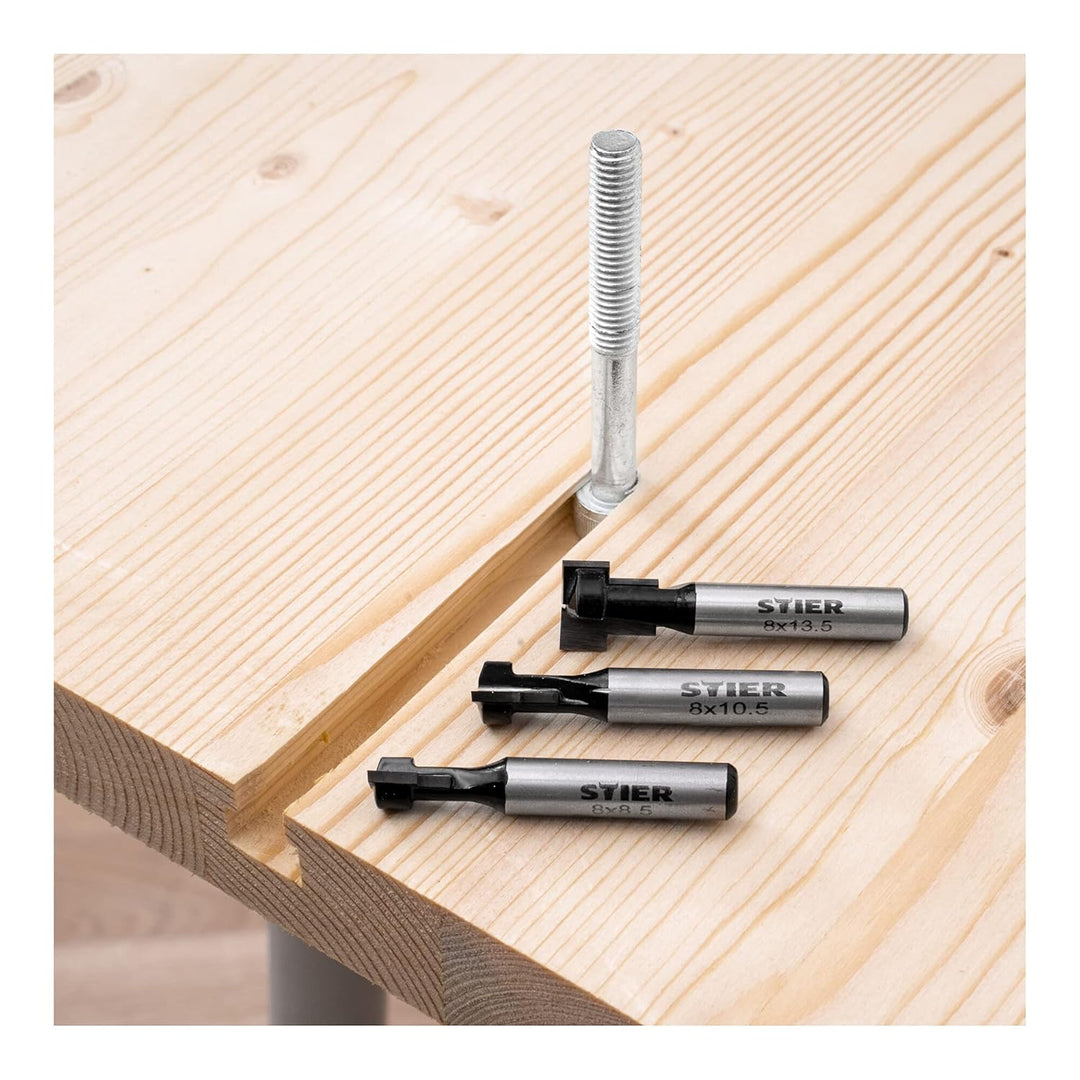 STIER T-Nutfräser-Set 3-teilig M5 M6 und M8 Schrauben, 8 mm Schaft, für Oberfräsen, T Nut Fräser, T