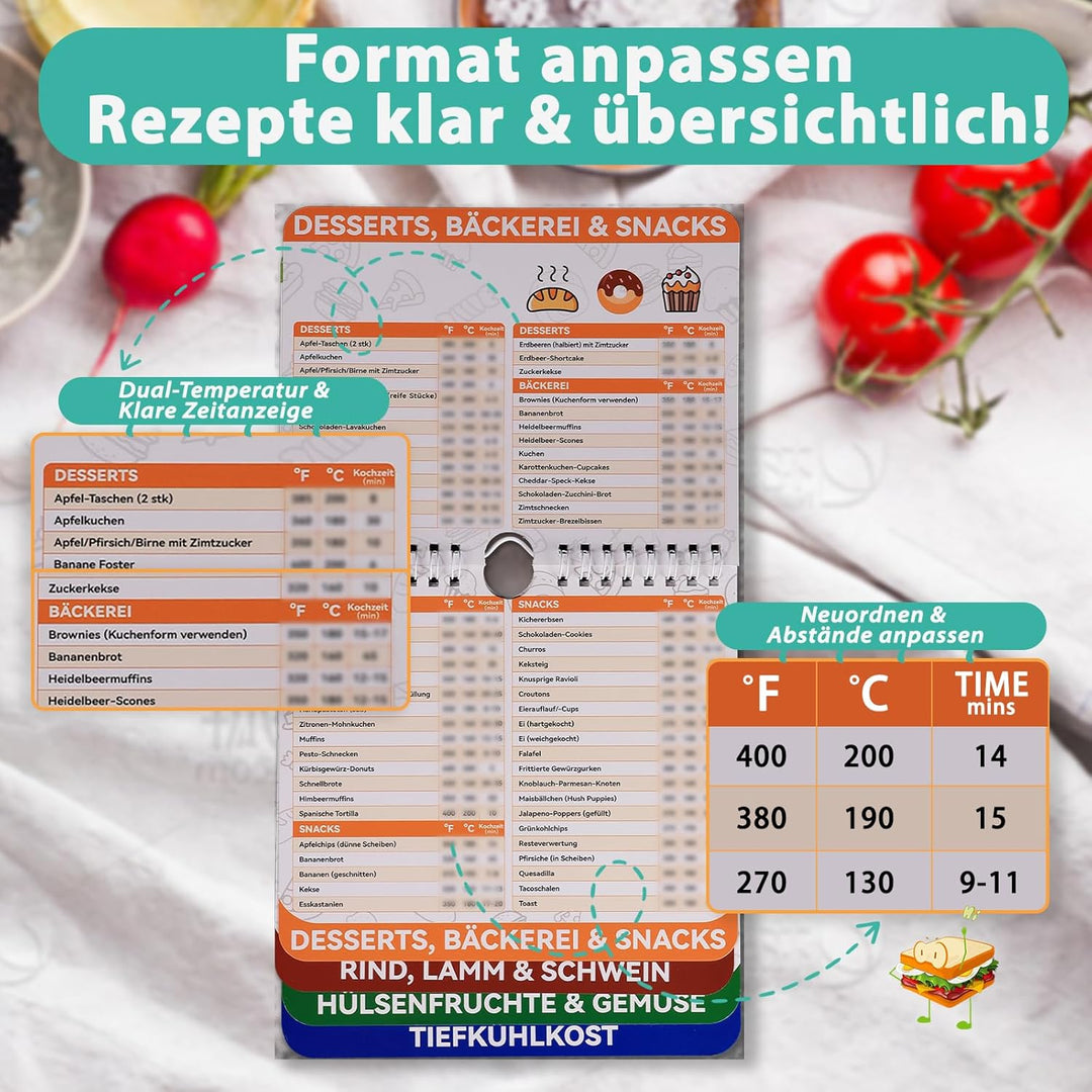 270+ Airfryer Zubehör，Airfryer Spickzettel, Magnetischer Airfryer Spickzettel mit Zeit-Temperatur-Me