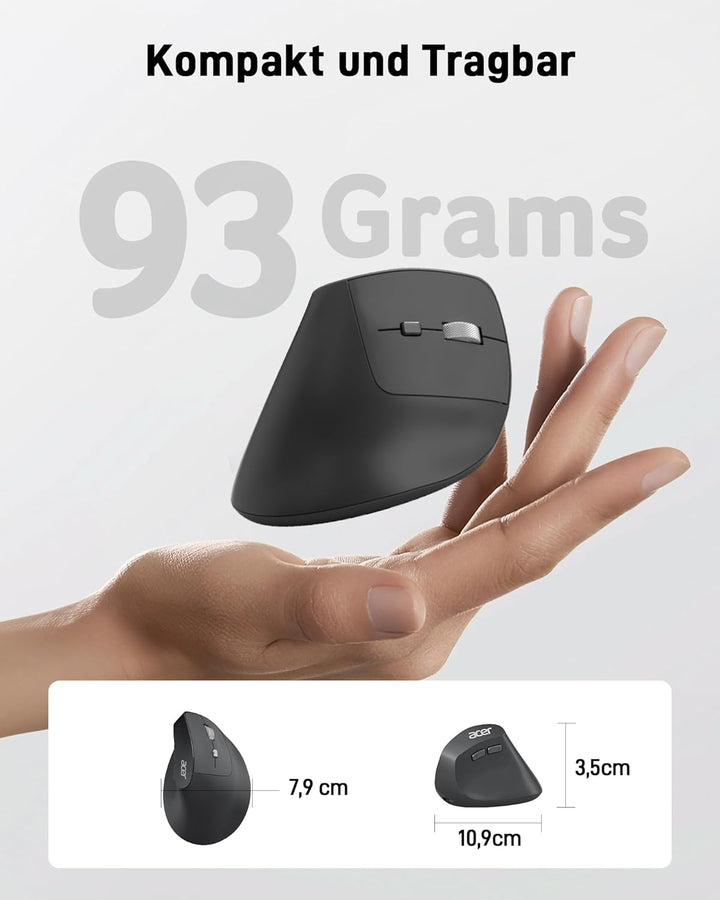 acer Ergonomische Maus Kabellos, Wiederaufladbare 2.4GHz Vertikale Maus mit 3 Einstellbaren DPI, 6 T
