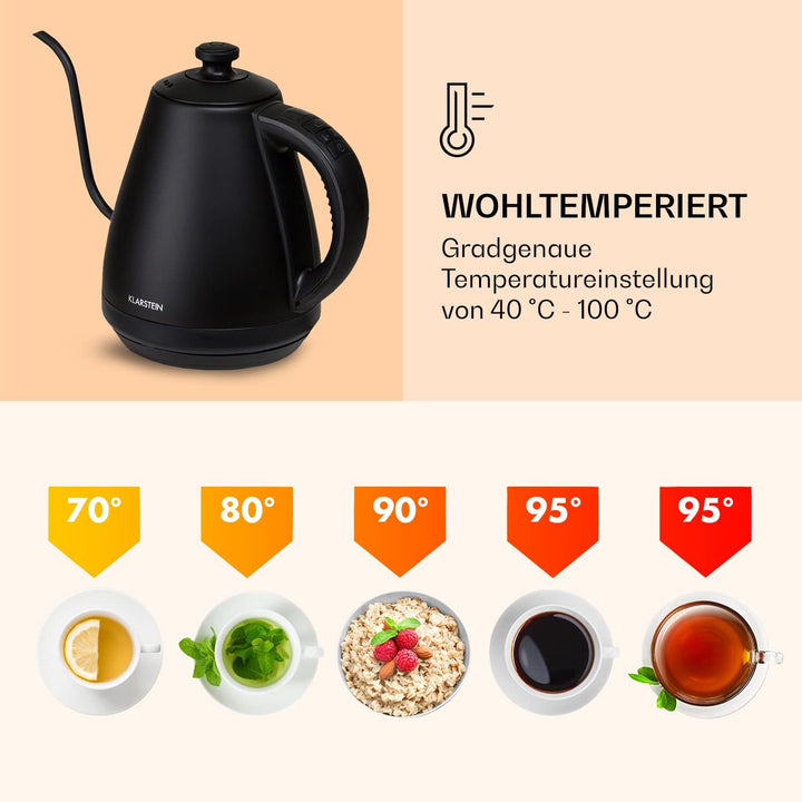 Klarstein Wasserkocher, Schwanenhals-Wasserkocher Edelstahl, Schnell Kochender Kettle, Leise & Tropf