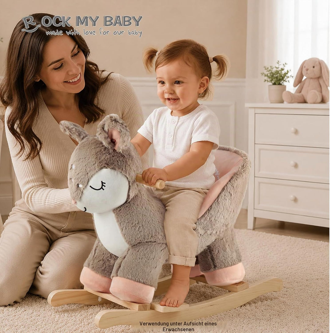 Plüsch Rocking Horse - weicher gefüllter Körper, Sicherheitssitz Stuhl, Holz Rockers, Musikknopf - K