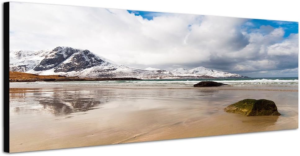 Paul Sinus Art Panoramabild auf Leinwand und Keilrahmen 150x50cm Norwegen Fjord Berge Schnee Meer Wo