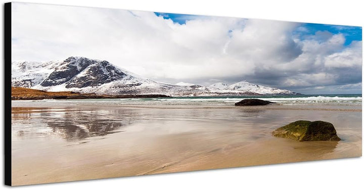 Paul Sinus Art Panoramabild auf Leinwand und Keilrahmen 150x50cm Norwegen Fjord Berge Schnee Meer Wo