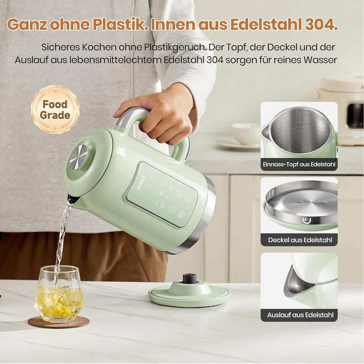 OLEGA Wasserkocher: 1800 W Wasserkocher mit Temperaturregelung, 1,5 l Fassungsvermögen, Edelstahl, S