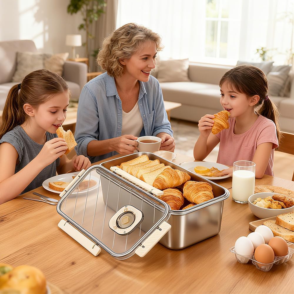 Brotkasten aus Edelstahl mit Zeitschaltuhr, Brotkasten Gross, luftdichter Aufbewahrungsbehälter für