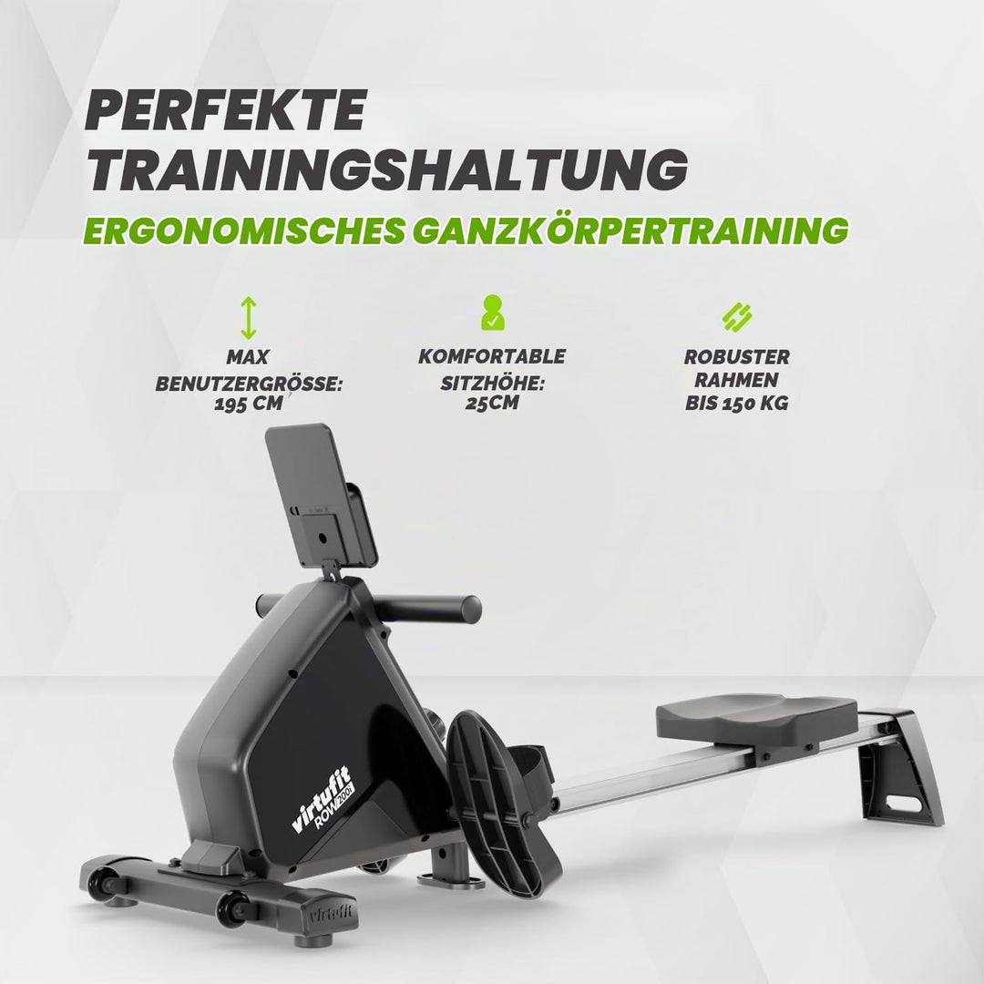 VirtuFit Row450 Rudergerät – Klappbar &amp; Leicht – Transportrollen – Platzsparend Fitnessgerät für Zuh