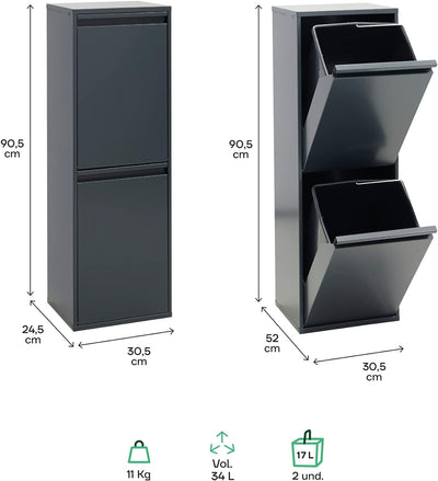 ARREGUI Mülleimer und Recyclingbehälter, Stahl, 2 Fächer 90,5 x 30,5 x 24,5 cm anthrazit anthrazit/