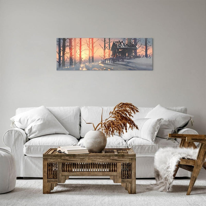 Panorama Bilder auf Leinwand Winter Wald Hütte Leinwandbild 90x30cm Wandbilder Dekoration Wohnzimmer