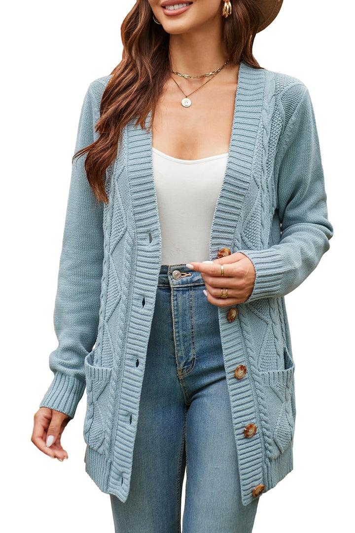 KILIG Strickjacke Damen Lang Grobstrick Button Down Strick Cardigan Winter Casual Sweater mit Tasche