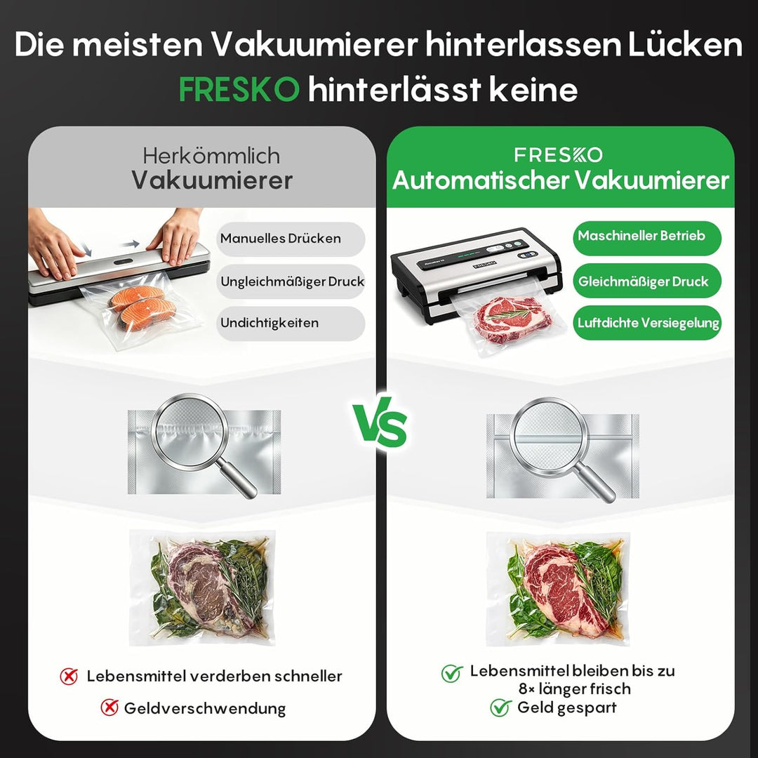 FRESKO Vakuumiergerät Automatik, 18 L/min Turbo-Saugkraft, Ein-Knopf-Bedienung, 2 Beutelrollen,V8 Au