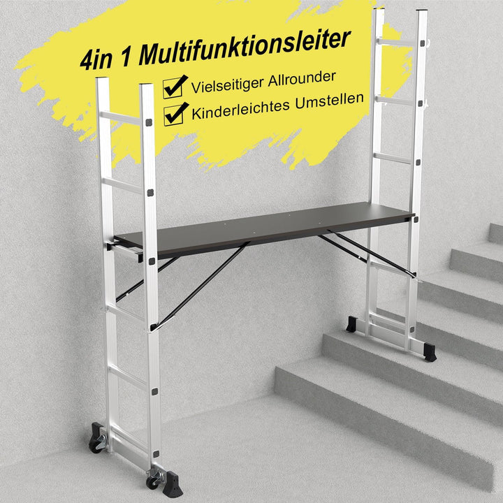 Gimisgu Gerüst, 4 in 1 Alu Multifunktionsleiter 6+6 Stufen, Mobile Mehrzweckleiter mit Plattform und