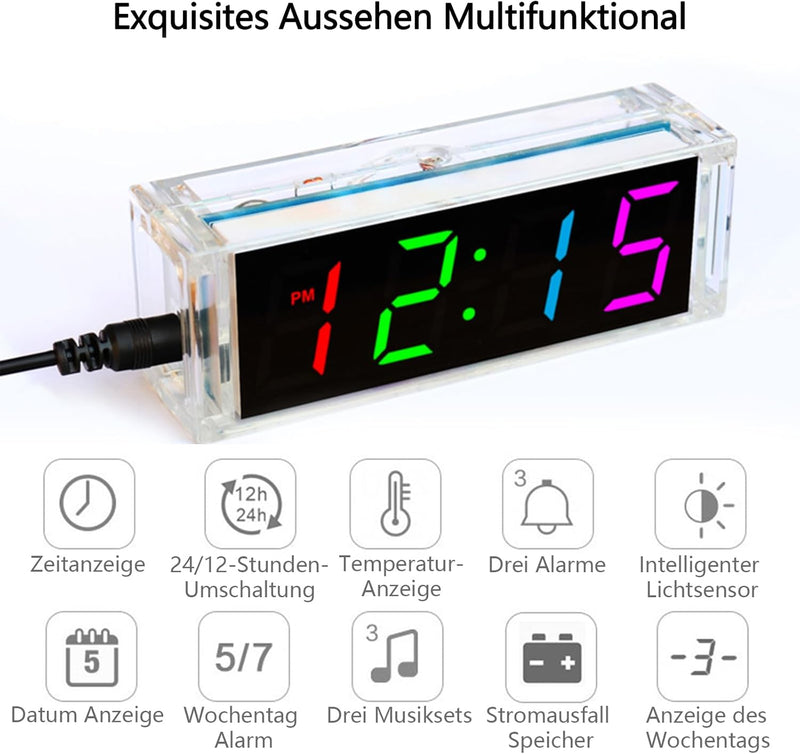 EIELE Elektronische Uhr Lötset Mehrfarbiges Display mit freier Anpassung Praxisnahes Lernprogramm fü