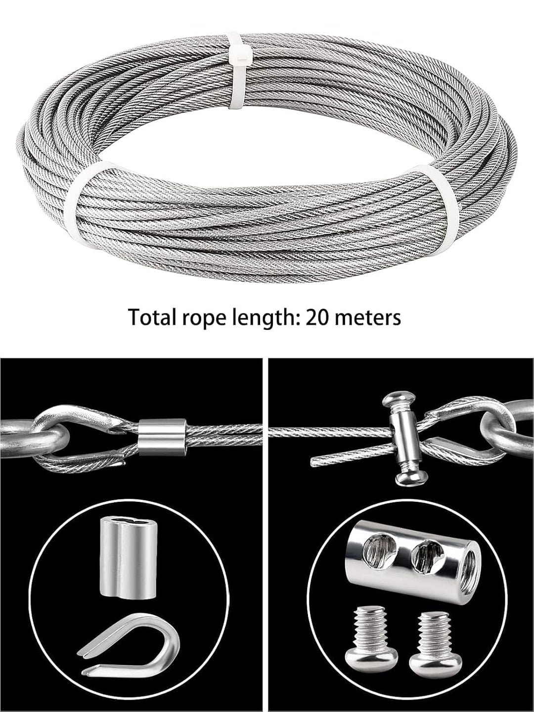 TooTaci Drahtseil 3mm Edelstahl, 20M Edelstahl Stahlseil Ummantelt aus PVC, Stahlseil mit ösen, M3 D