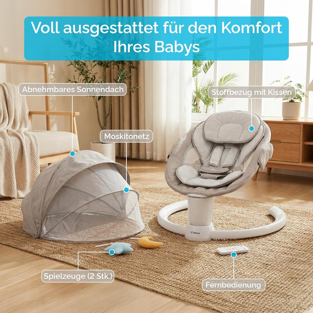 Drom Elektrische Babywippe für Kinder bis 9 kg, baby wippe mit Fernbedienung und Bluetooth, 5 Schauk