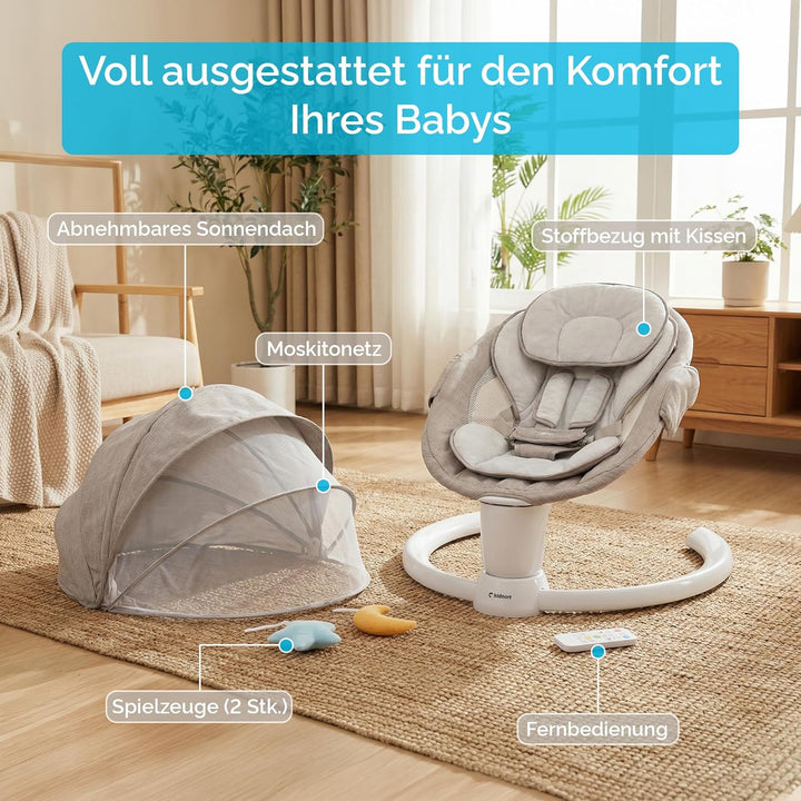Drom Elektrische Babywippe für Kinder bis 9 kg, baby wippe mit Fernbedienung und Bluetooth, 5 Schauk