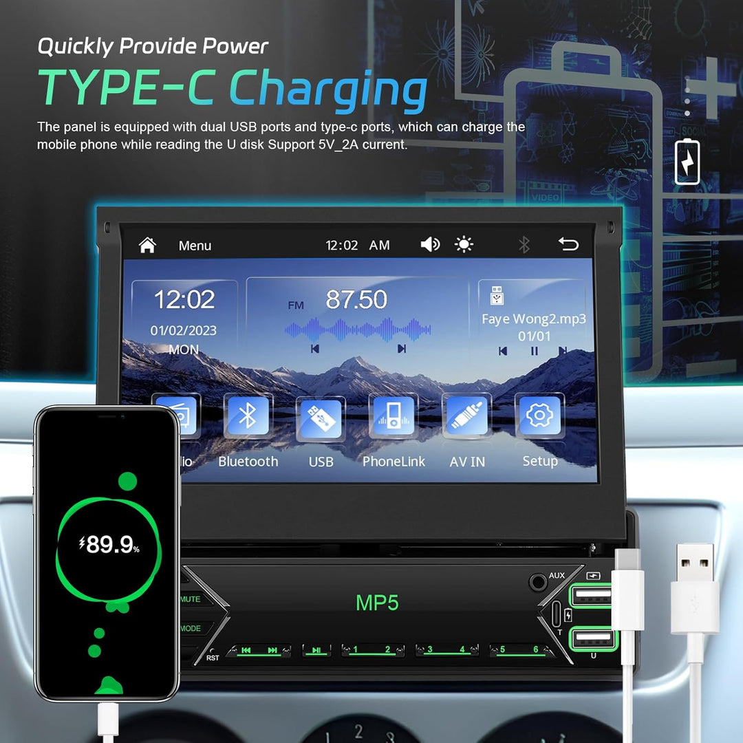 CAMECHO 1 DIN Wireless Carplay Android Auto, 7 Zoll Auto Bildschirm Videoausgang/AUX-IN/FM/TF/Mirror