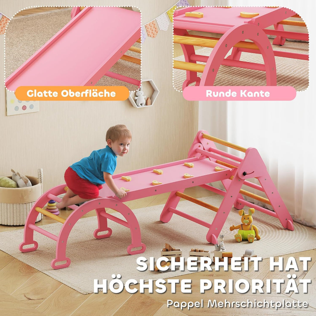 AIYAPLAY 7-in-1 Montessori Klettergerüst Indoor, faltbar Holz Kletterdreieck mit Rutsche, Bogen, Ind