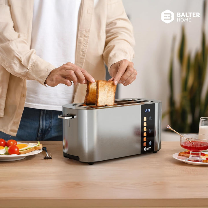 Balter Toaster 4 Scheiben, Touch Bedienung, Langschlitz, Edelstahl, Brötchenaufsatz, LCD Display Lan